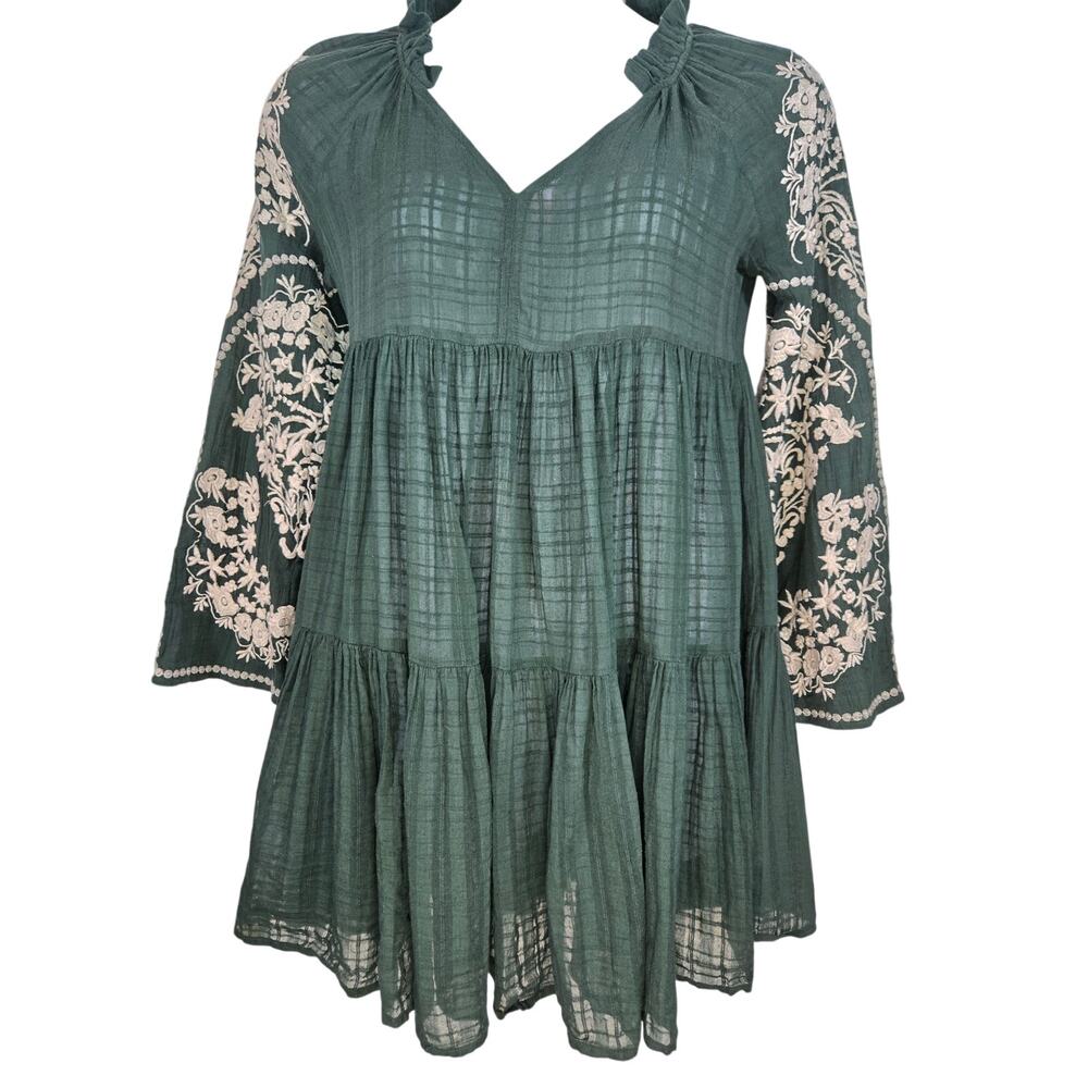 Free People Emerald City Tiered Embroidered Dress in Green Size Small - Picture 2 of 16
